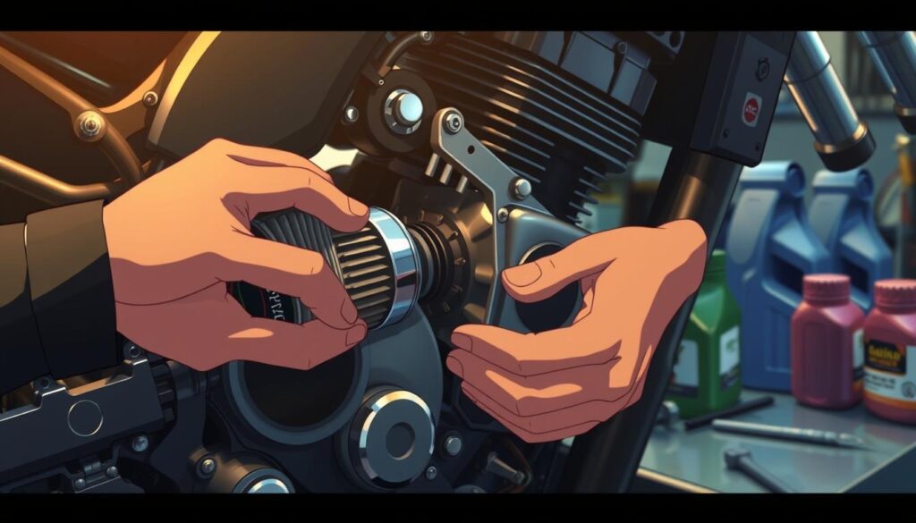 Man's hands grabbing motorcycle components on motorcycle engine in the maintenance garage.