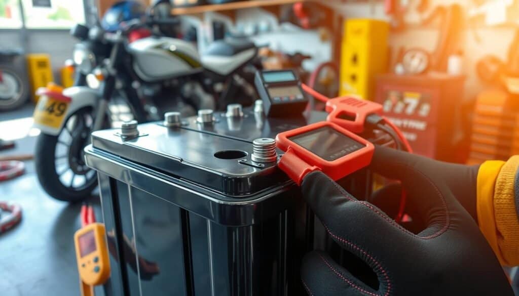 A close-up view of a motorcycle battery having its voltage checked.