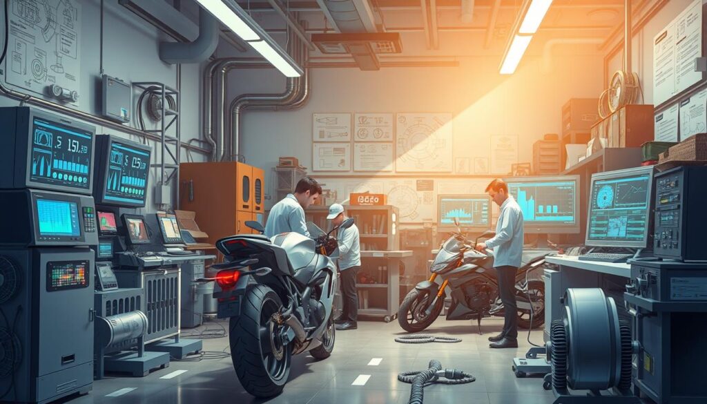 Motorcycle engineers working in a high-tech diagnostic facility.