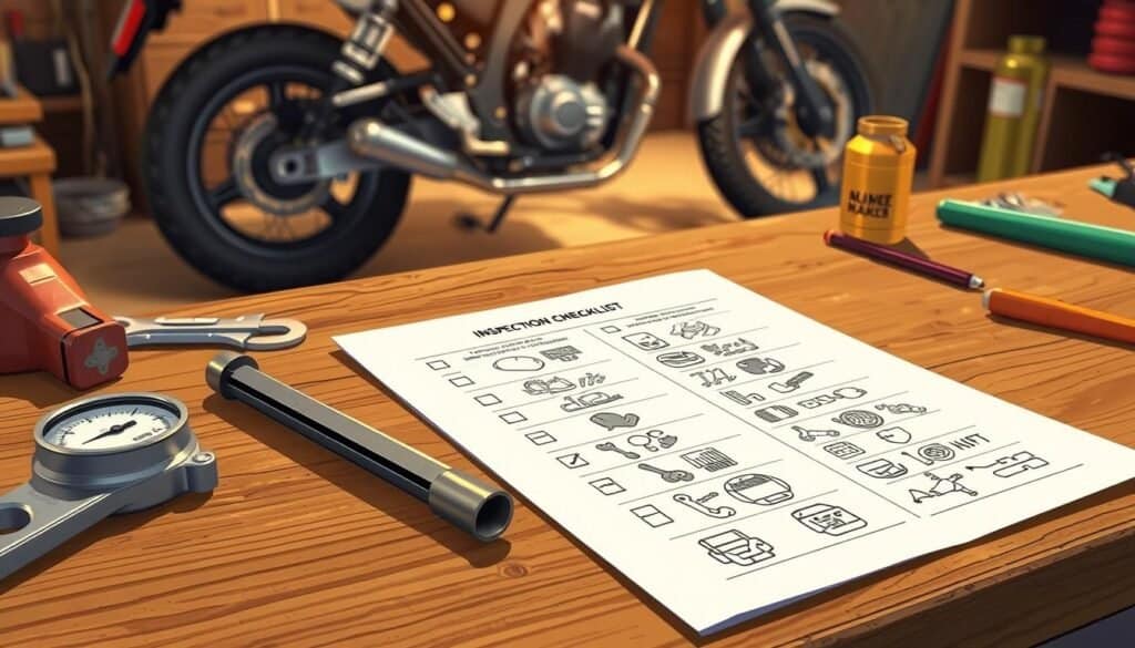 An inspection checklist for motorcycle maintenance on the worktop in the work garage.
