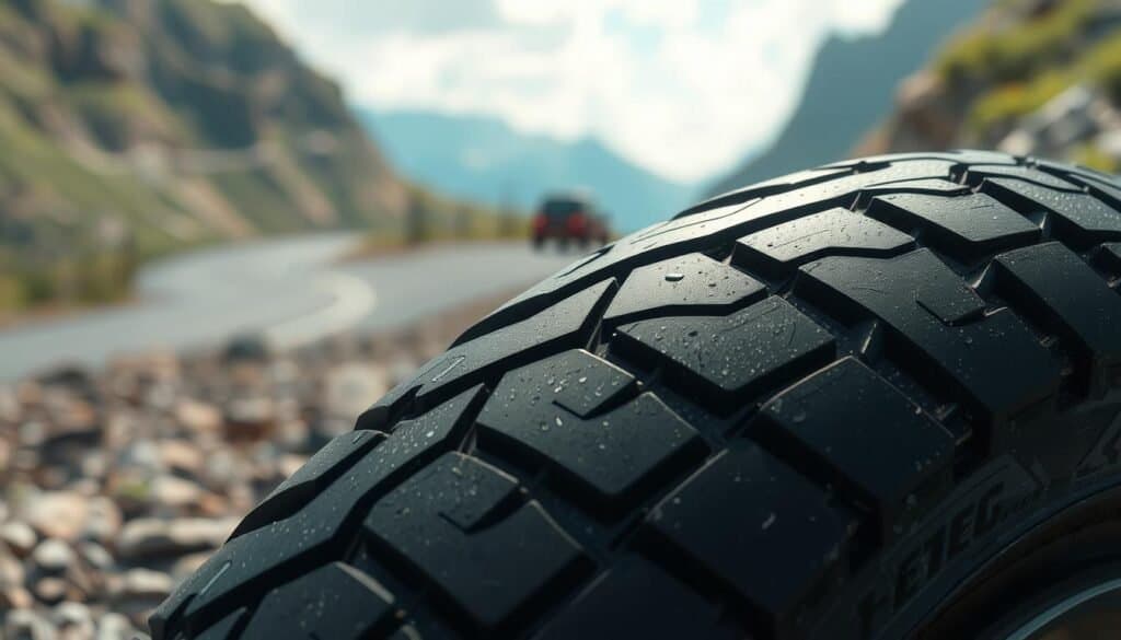 A close-up view of the tread of a motorcycle tyre on a mountainous road.