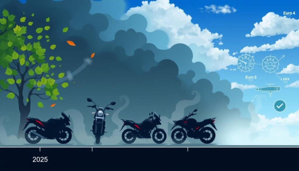 Illustration of motorcycles, pollution, a green tree, clocks and 2025 date.