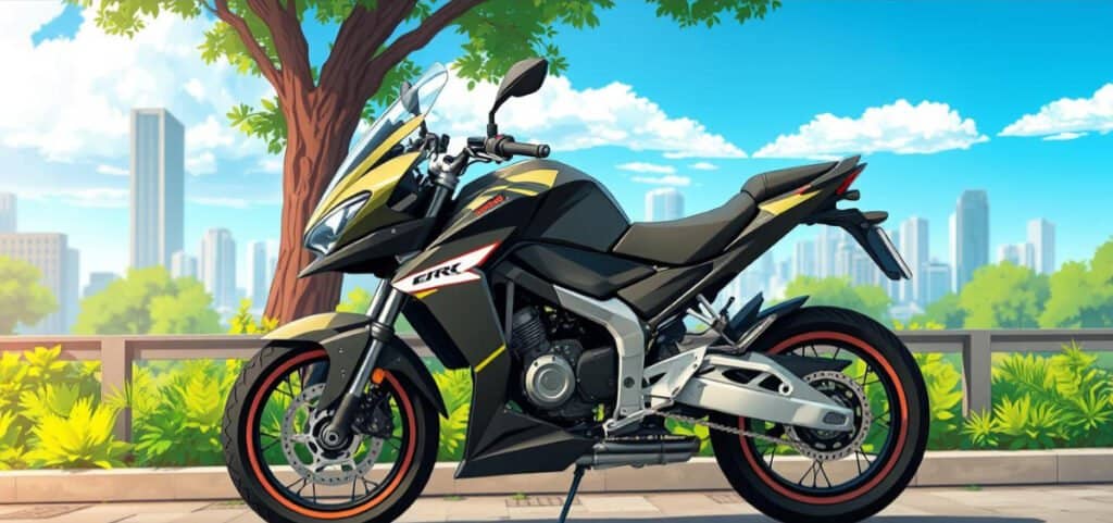 Motorcycle with tree, greenery, and city skyline background