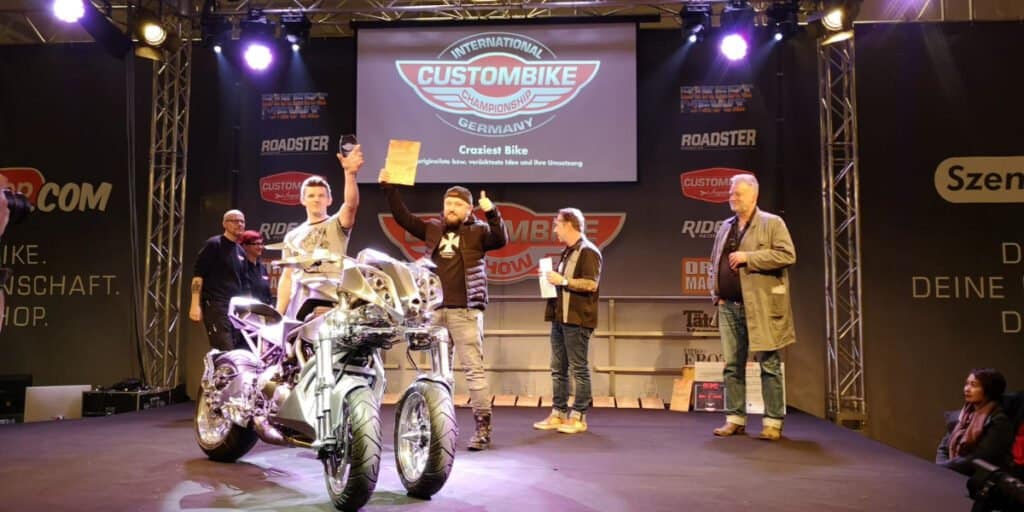 Game Over Cycles winning the Craziest Bike Award for the GOC Niken at International Custombike Germany.